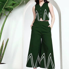Dark Green Linen Wide Pants with Vest styled Top Coordset