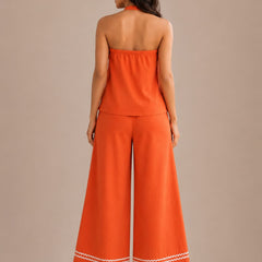 Rust Orange linen blend Halter neck top with Flared Pants coordset