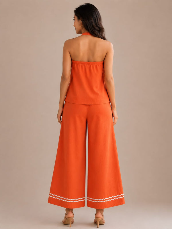 Rust Orange linen blend Halter neck top with Flared Pants coordset