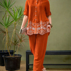 Rust Orange Linen Blend Emboridered Pleated Shirt with Pants Coordset