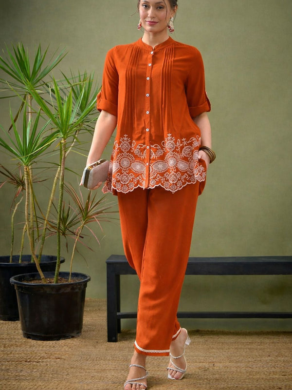Rust Orange Linen Blend Emboridered Pleated Shirt with Pants Coordset