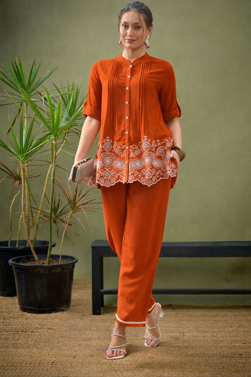 Mandarin Collar Rust Orange Co-Ord Set for Women