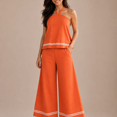 Rust Orange linen blend Halter neck top with Flared Pants coordset