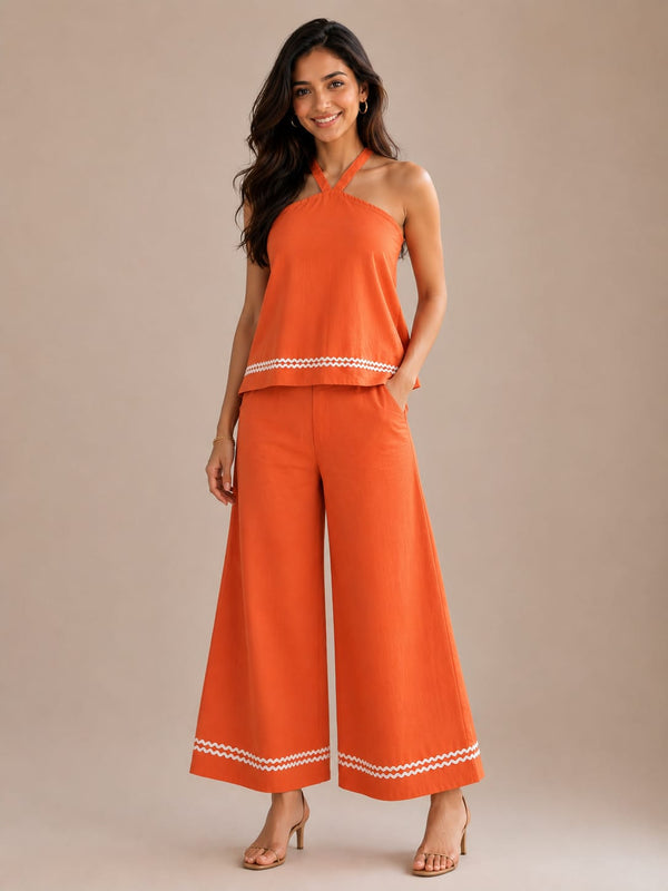 Rust Orange linen blend Halter neck top with Flared Pants coordset