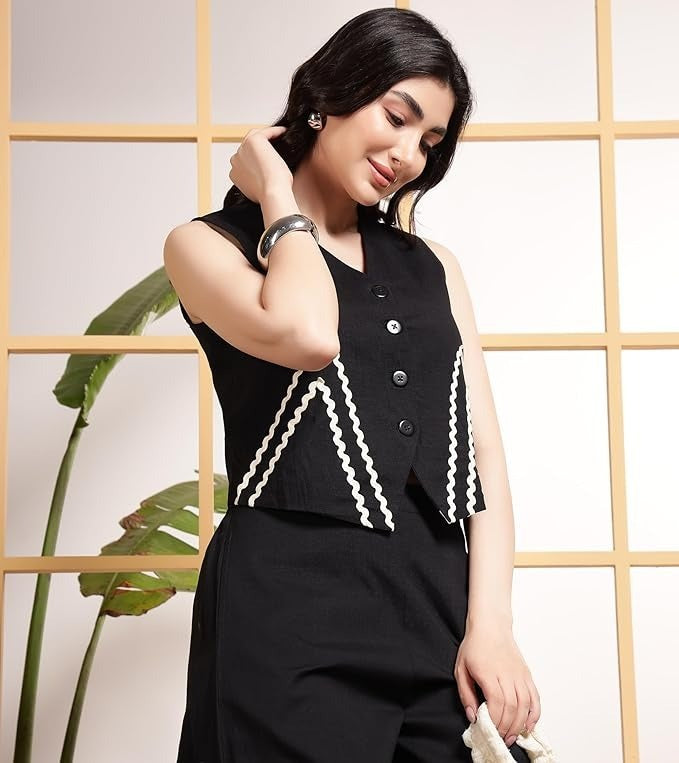 Elegant Black Co-Ord Set with White Embroidered Details