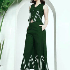 Dark Green Linen Wide Pants with Vest styled Top Coordset