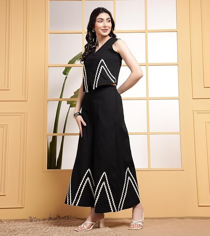 Elegant Black Co-Ord Set with White Embroidered Details