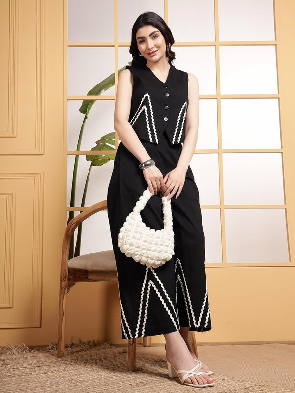 Black Linen Wide Pants with Vest styled Top Coordset