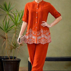 Rust Orange Linen Blend Emboridered Pleated Shirt with Pants Coordset