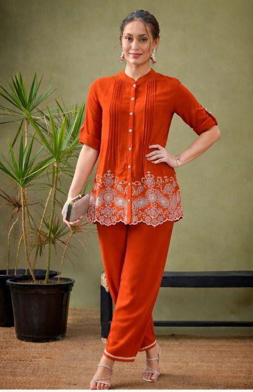 Mandarin Collar Rust Orange Co-Ord Set for Women