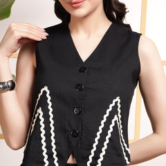 Black Linen Wide Pants with Vest styled Top Coordset