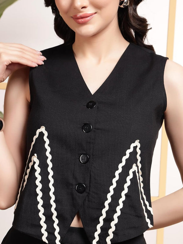 Black Linen Wide Pants with Vest styled Top Coordset