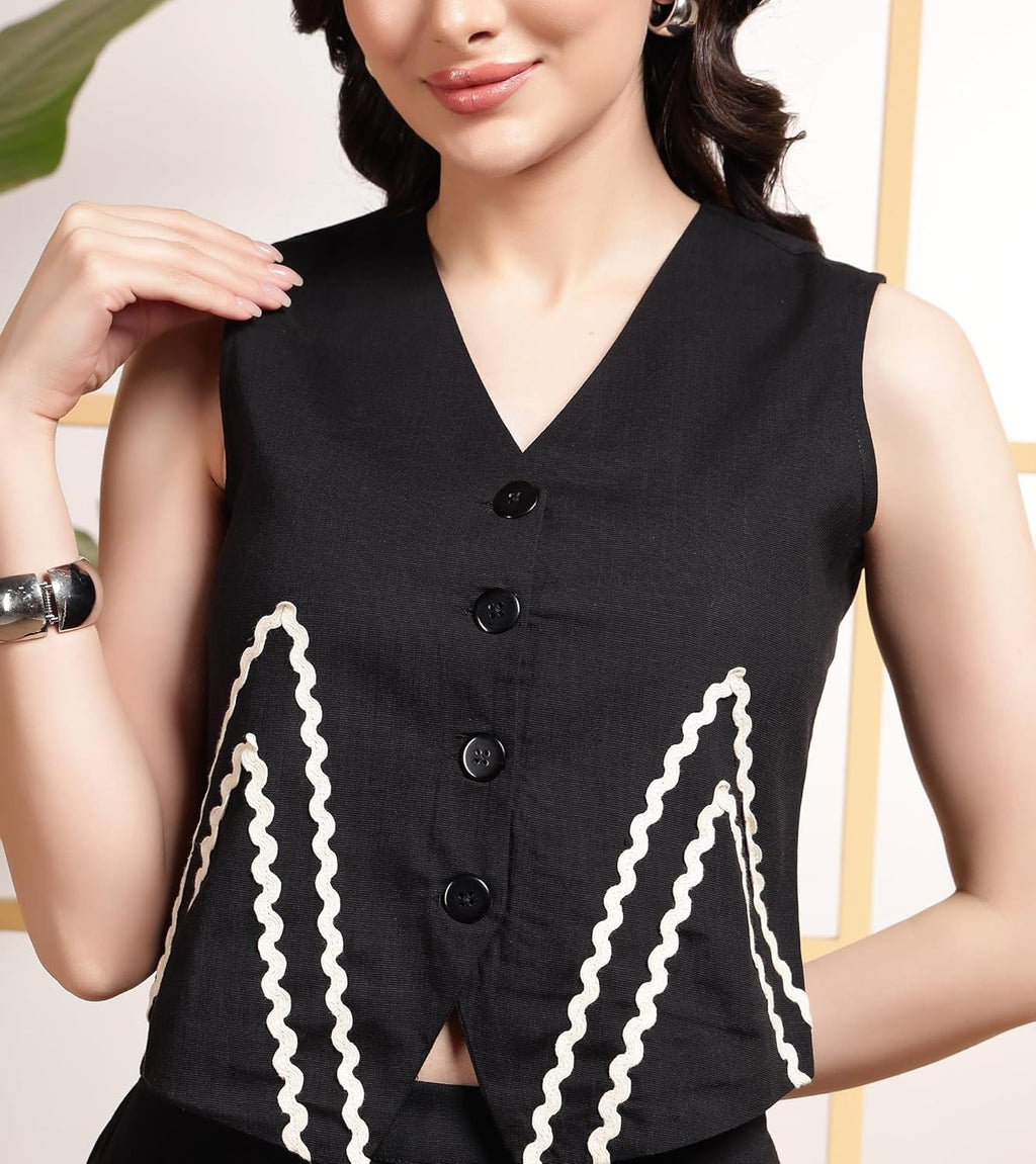 Elegant Black Co-Ord Set with White Embroidered Details
