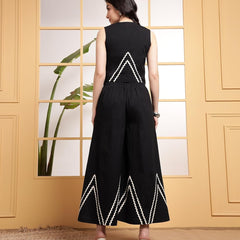 Black Linen Wide Pants with Vest styled Top Coordset
