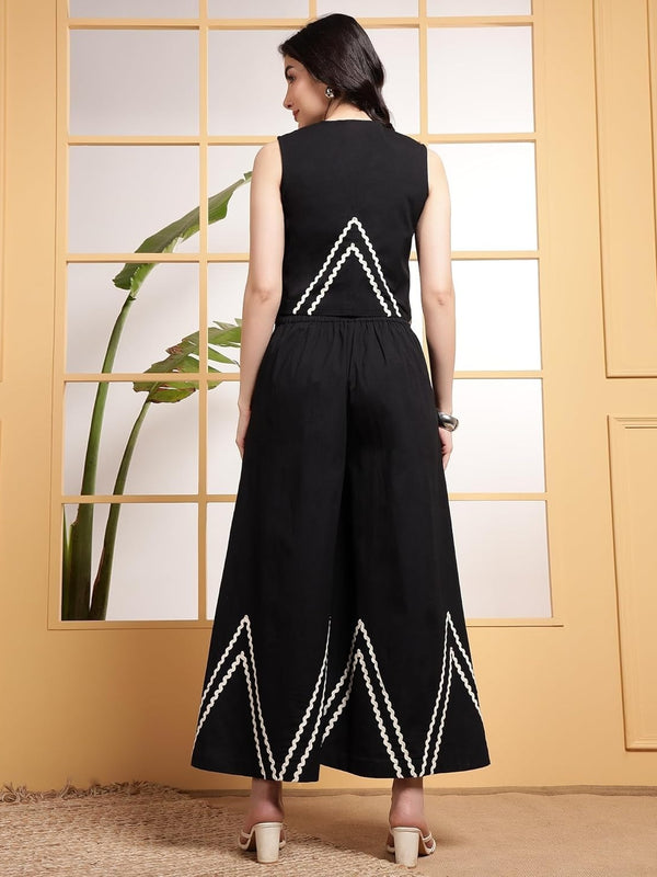 Black Linen Wide Pants with Vest styled Top Coordset