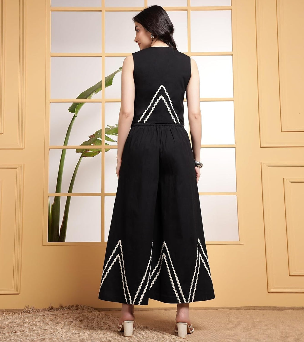 Elegant Black Co-Ord Set with White Embroidered Details