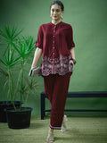 Wine Maroon Floral Embroidered Ethnic Co-Ord Set