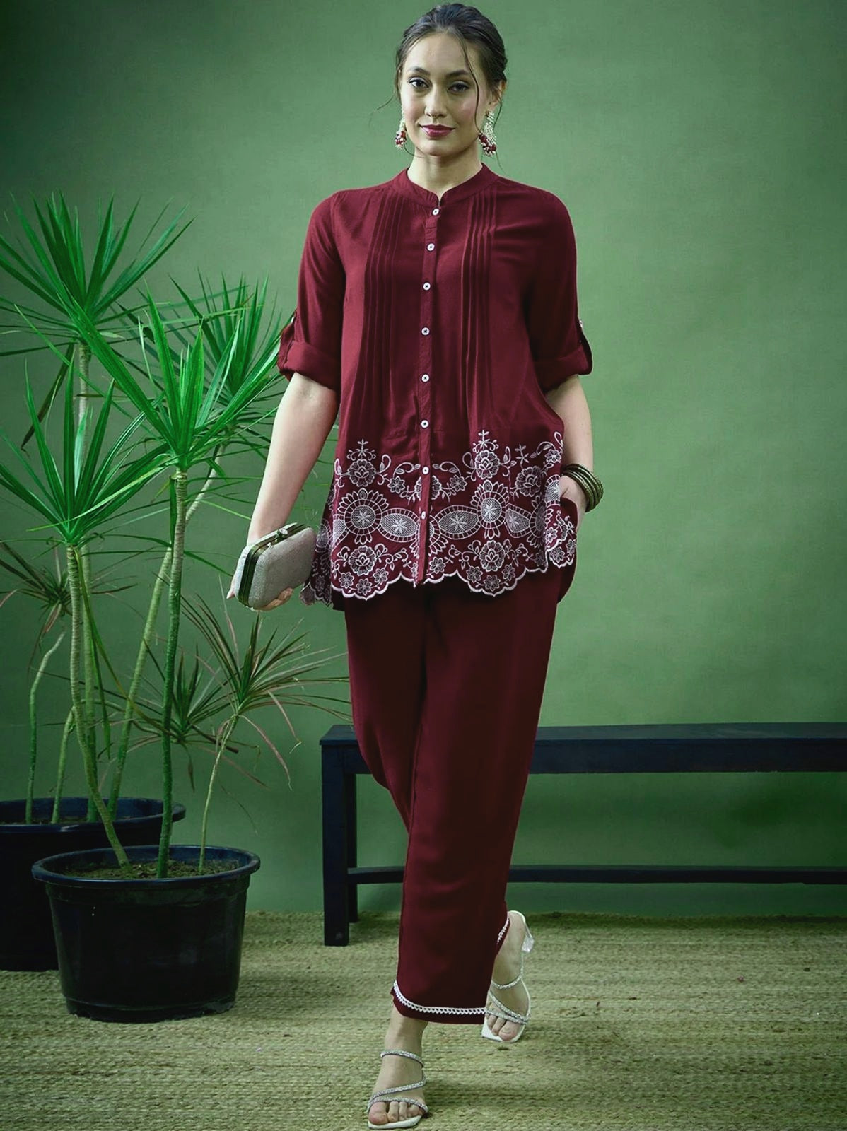 Wine Maroon Floral Embroidered Ethnic Co-Ord Set