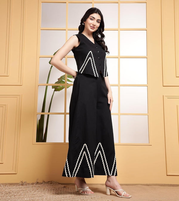Black Linen Wide Pants with Vest styled Top Coordset