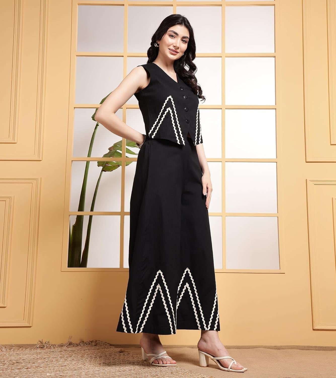 Elegant Black Co-Ord Set with White Embroidered Details