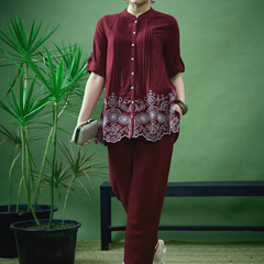 Maroon Linen Blend Emboridered Pleated Shirt with Pants Coordset