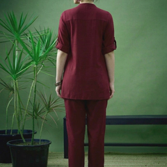 Maroon Linen Blend Emboridered Pleated Shirt with Pants Coordset