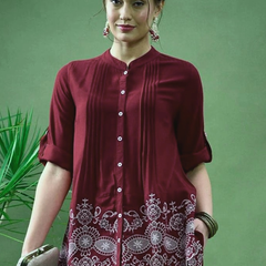 Maroon Linen Blend Emboridered Pleated Shirt with Pants Coordset