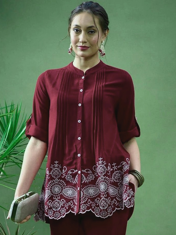 Maroon Linen Blend Emboridered Pleated Shirt with Pants Coordset