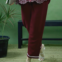 Maroon Linen Blend Emboridered Pleated Shirt with Pants Coordset