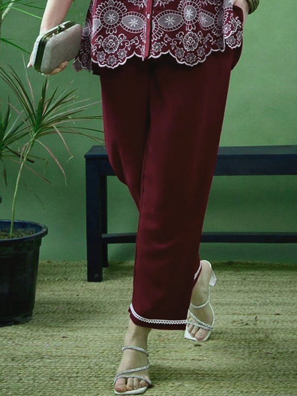 Maroon Linen Blend Emboridered Pleated Shirt with Pants Coordset